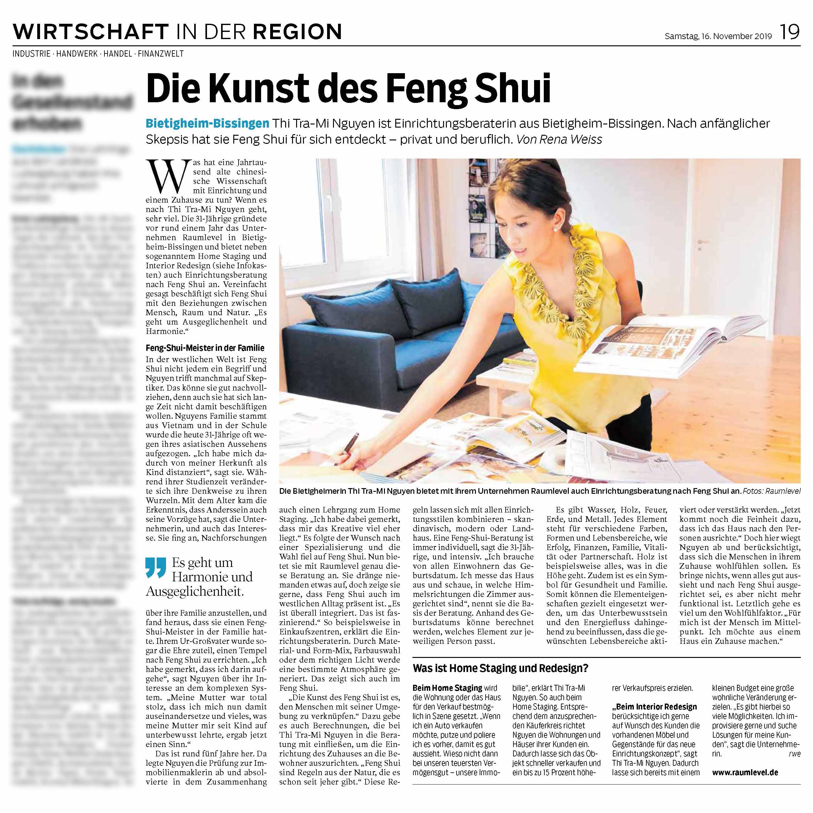 FENG SHUI Beitrag im Immobilienressort der Bietigheimer Zeitung